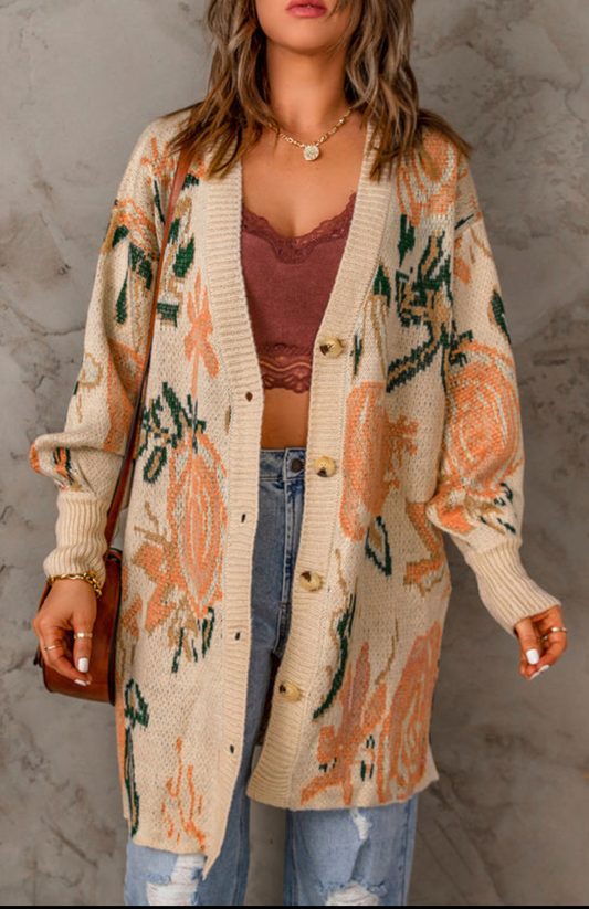 Oversized Beige Button Up Long Sleeves Sweater