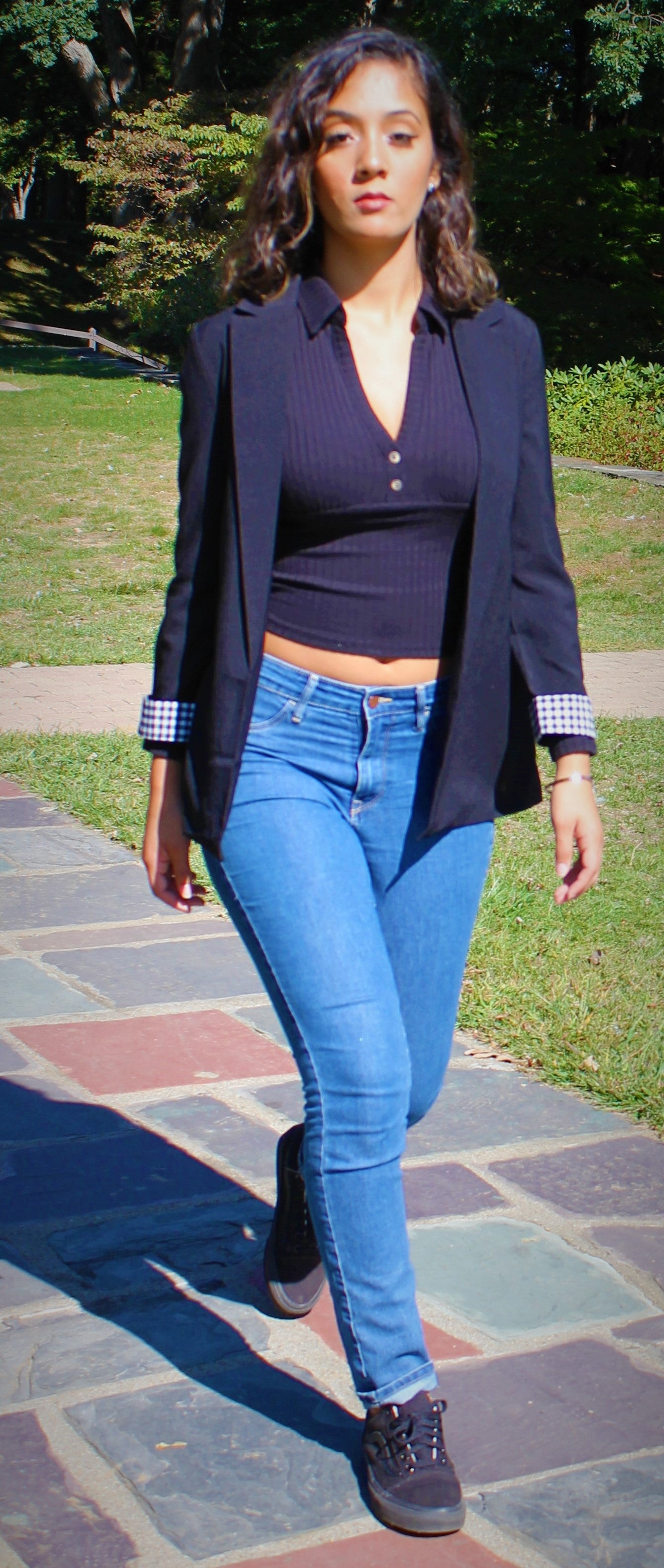 Long Blazer Checkered Sleeves