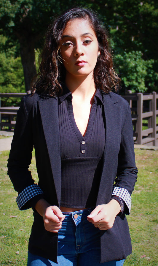 Long Blazer Checkered Sleeves